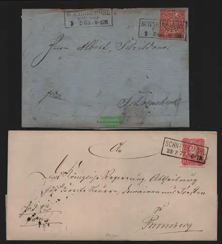 B11541 2x Brief Schneidemühl NDP 1868 DR 33 Pfennige 1877 nach Bromberg