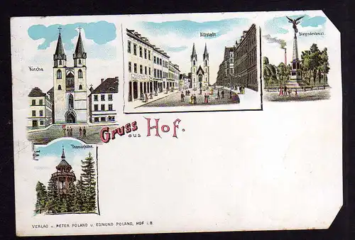 88136 AK Hof Bayern Litho 1900 Kirche Altstadt Siegesdenkmal Thomashöhe