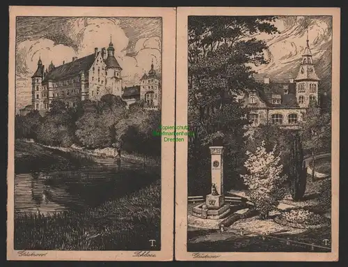 147521 2 AK Güstrow Künstlerkarte Schloss Wall mit Brinckmann Brunnen 1929