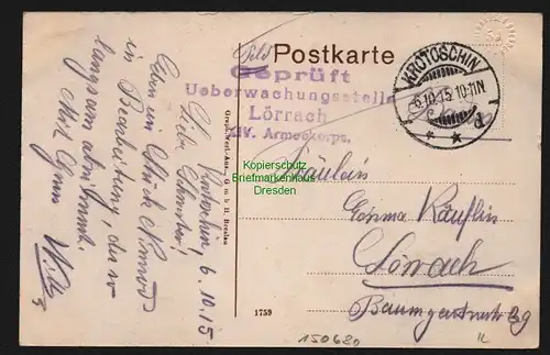 150680 AK Krotoszyn Krotoschin Ring Rathaus Hotel Feldpost 1915 Zensur Lörrach