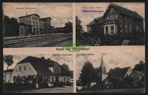 147905 AK Waltersdorf Schlesien Bahnof Villa Gasthaus Faustmann Kath Kirche 1921