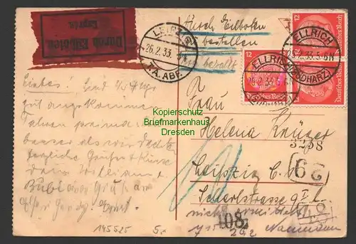 145525 AK Ellrich Südharz Eilboten Postkarte 1933 nach Leipzig T.A.  Plischke