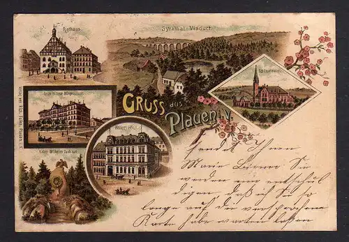 104154 AK Plauen Vogtl. 1899 Litho Rathaus Bürgerschule Keilers Hotel Schützenha