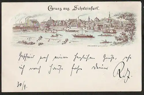 25206 AK Litho Schweinfurt Fabrik Brücke Schiff super Federlitho , gelaufen 1897