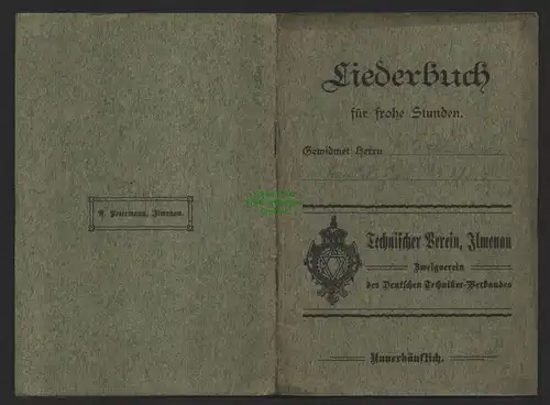 147541 Liederbuch Ilmenau Thür. Wald  Technischer Verein 1911 Eintragung