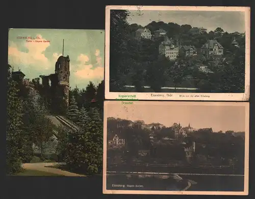 144303 3 AK Eisenberg Thür. 1912 Geyers Garten Treppe Ruine 1909 Villen 1924