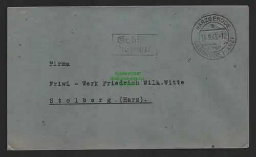 B9864 Brief SBZ Gebühr bezahlt 1945 Harzgerode über Gernrode an Friwi Werk Stolb