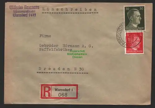 B9789 R-Brief Gebr. Hörmann A.-G. Warndsorf 1 Wilhelm Neumann  1943 Süßwarengr