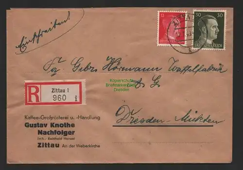 B9828 R-Brief Gebr. Hörmann A.-G. Zittau 1 960  Gustav Knothe 1943 Kaffee Großrö