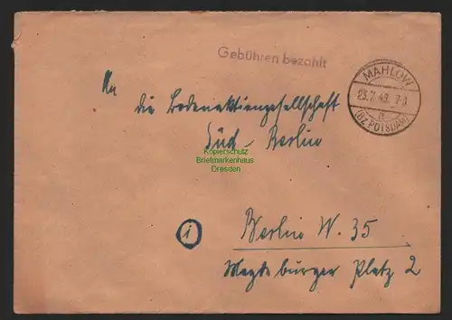 B9845 Brief SBZ Gebühren bezahlt 1948 Währungsreform Mahlow BZ Potsdam