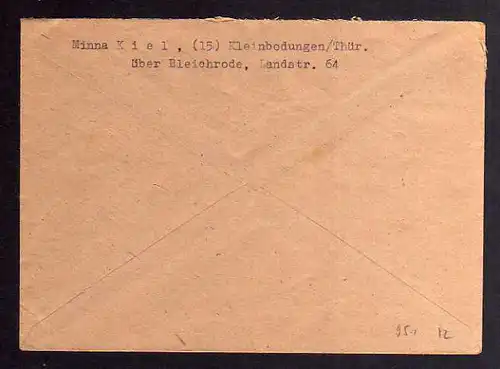 B951 SBZ Brief Gebühr bezahlt 1946 Großbodungen Kr. Worbis an Zentrale Suchkarte