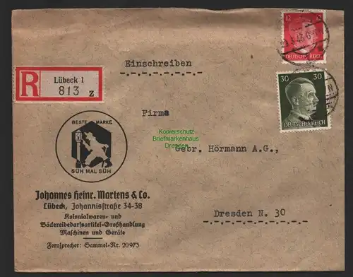 B9566 R-Brief Gebr. Hörmann A.-G. Lübeck 1 z Johannes Heinr. Martens & Co. 1943