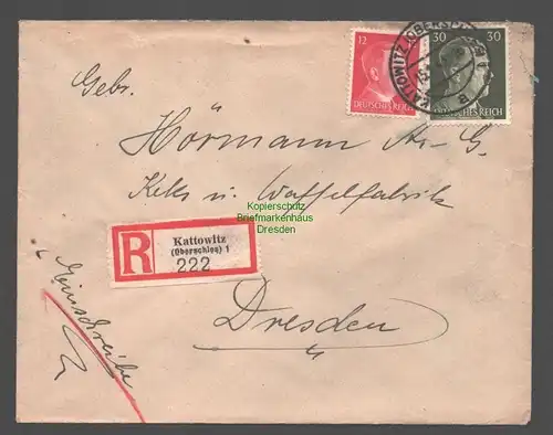 B9450 R-Brief Gebr. Hörmann A.-G. Kattowitz (Oberschles) 1 222 1943