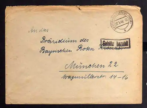 B946 SBZ Brief Gebühr bezahlt 1946 Gräfinau-Angstedt an Zentrale Suchkartei Münc