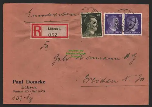 B9567 R-Brief Gebr. Hörmann A.-G. Lübeck 3 Paul Domke 1943