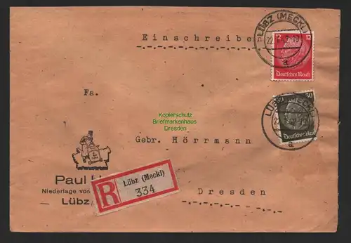 B9568 R-Brief Gebr. Hörmann A.-G. Lübz (Meckl) Paul Heidl 1942 Niederlage Thams
