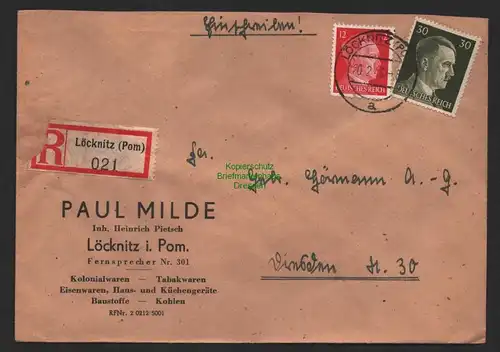 B9554 R-Brief Gebr. Hörmann A.-G. Löcknitz Pom Paul Milde Heinrich Pietsch  1943