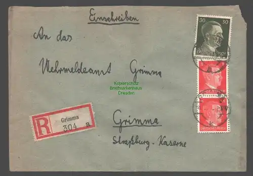 B9375R-Brief Wehrmeldeamt Grimma a 1943 M. Gahn; Köllmichen Wehrmeldeamt Grimma