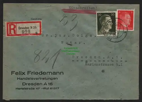 B9293 R-Brief  Dresden N 25 a 1943 Felix Friedemann Notar Dolge