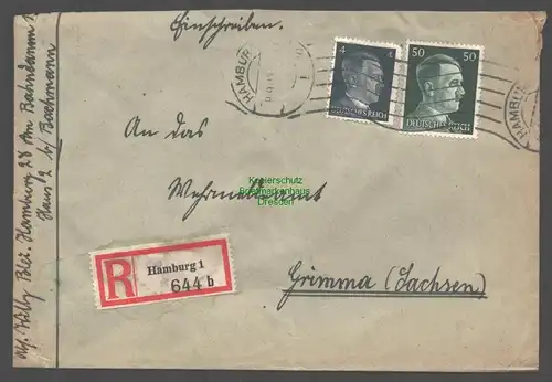 B9408R-Brief Wehrmeldeamt Hamburg 1 b 1943  Wehrmeldeamt Grimma