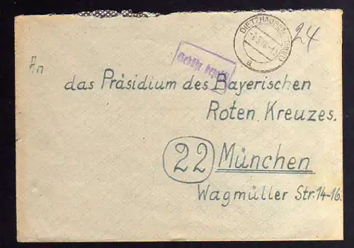 B904 SBZ Brief Gebühr bezahlt 1946 Dietzhausen bei Suhl an Suchdienst München