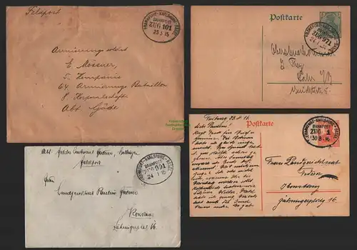 B8841 4x DR Postkarte Ganzsache Brief Bahnpost Frankfurt Karlsruhe Basel 1916