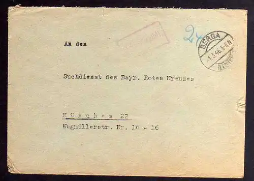 B883 SBZ Brief Gebühr bezahlt 1946 Berga Elster an Suchdienst München