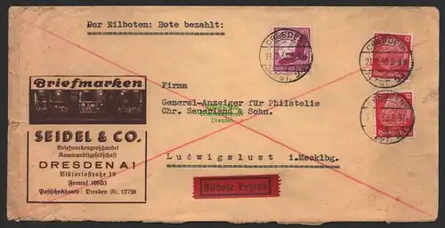 B8970 Brief Dresden 1938 Eilboten nach Ludwigslust Seidel & Co. Briefmarken