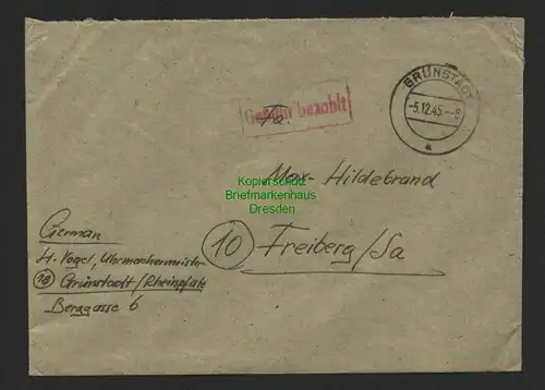B8729 Brief Gebühr bezahlt Grünstadt Rheinland-Pfalz 1945 nach Freiberg