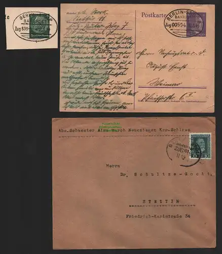 B8811 DR Postkarte Bahnpost Berlin - Stolp 1943 Zug 00594 + Briefstück Zug 599