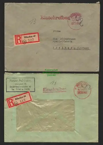 B8732 2x Brief Gebühr bezahlt Einschreiben München 1946 nach Freiberg