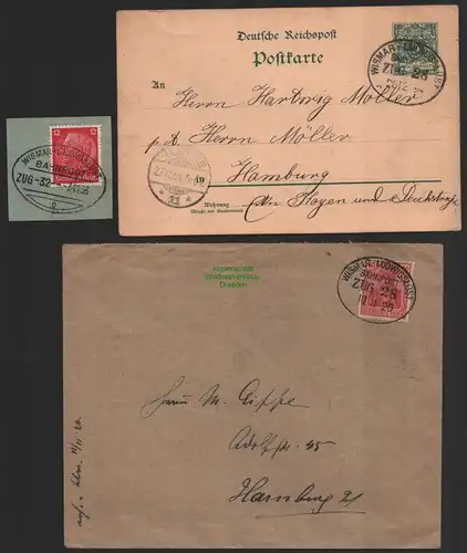 B8871 3x DR Postkarte Brif Briefstück Bahnpost Wismar - Ludwigslust 1920 1894