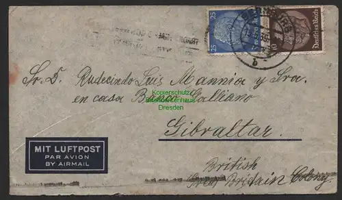 B8926 DR Brief Deutsche Luftpost Bernburg 1939 nach Gibraltar