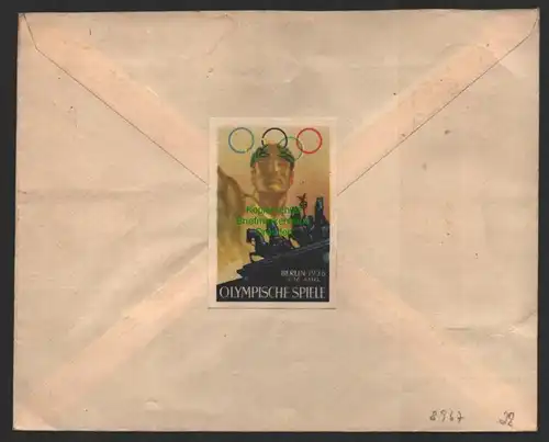 B8967 Brief Luftpost DR Flugpost Stuttgart Kiel 1936 Vignette Olympische Spiele