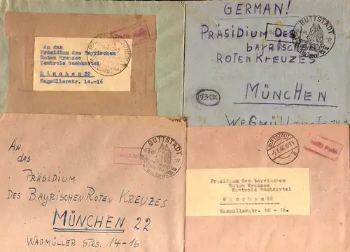 B893 4x SBZ Brief Gebühr bezahlt 1946 Buttstädt an Suchdienst München Notumschla
