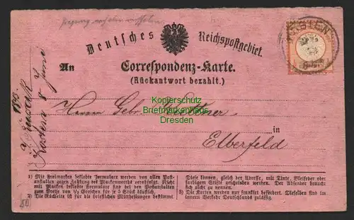 B8629 DR 18 grosses Brustschild Correspondenz Karte Kosten 1873 nach Elberfeld