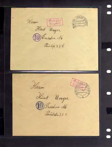 B837 2x SBZ Brief Gebühr bezahlt 1945 Wilkau-Hasslau 1946