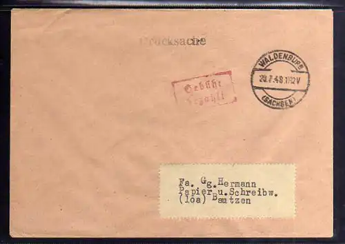 B811 SBZ Brief Gebühr bezahlt 1948 Währungsreform Waldenburg Sachsen BOCA Vertri