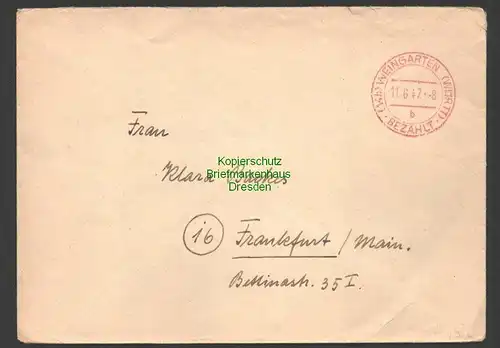 B7520 Brief Gebühr bezahlt Weingarten Württ. 1947 nach Frankfurt Main