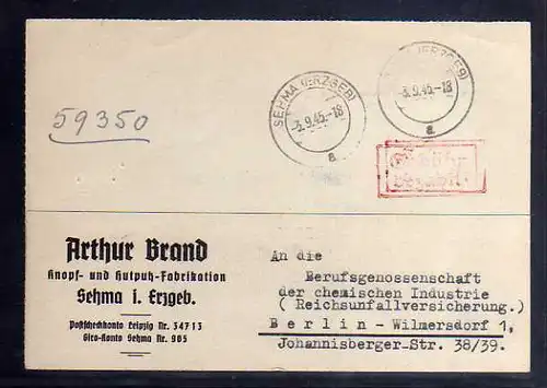 B754 Karte SBZ Gebühr bezahlt 1945 Sehma Erzgebirge Knopf und Hutputz Fabrikatio