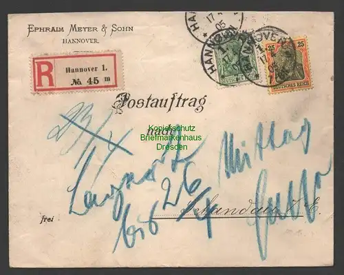 B7521 Brief DR 70, 73 Hannover 1905 Einschreiben Postauftrag nach Bad Schandau