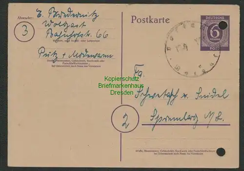 B6995 Ganzsache Notstempel Wolgast 26.2.46 nach Spremberg 1946 SBZ