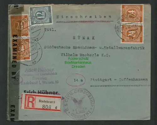 B6982 Brief SBZ Radebeul 1946 Civil Censorship 40585 nach Stuttgart Zuffenhausen