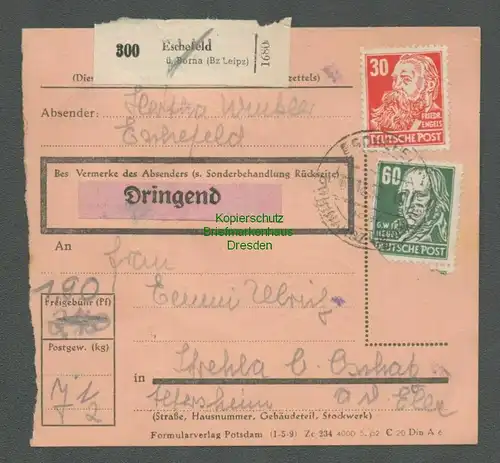 B6579 DDR Paketkarte 1952 Eschefeld über Borna Dringend nach Strehla Elbe