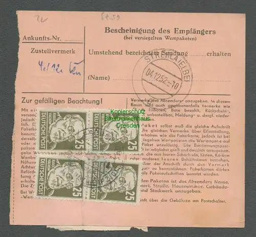 B6579 DDR Paketkarte 1952 Eschefeld über Borna Dringend nach Strehla Elbe