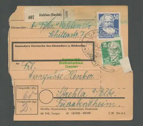 B6565 DDR Paketkarte Dahlen Sachsen nach Strehla Elbe 1952