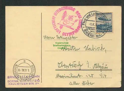 B6639 Postkarte DR 1936 Zeppelin Luftschiff Hindenburg Olympiafahrt Rhein - Main