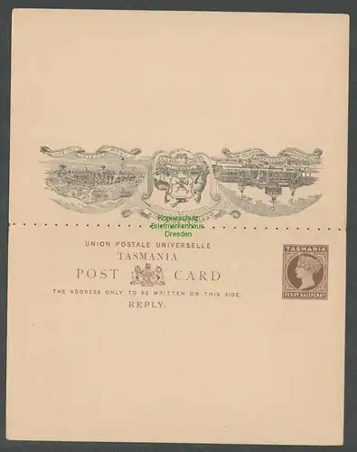 B6395 Ganzsache Australien Hobart Tasmania n. Ulm Antwortkarte 1894 Zudruck