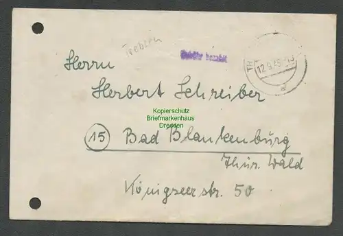 B6167 Brief SBZ Gebühr bezahlt 1945 Trebsen Mulde nach Bad Blankenburg