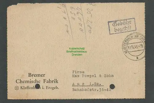 B6192 Briefteil SBZ Gebühr bezahlt 1945 Klaffenbach Bz. Chemnitz Bremer  Fabrik